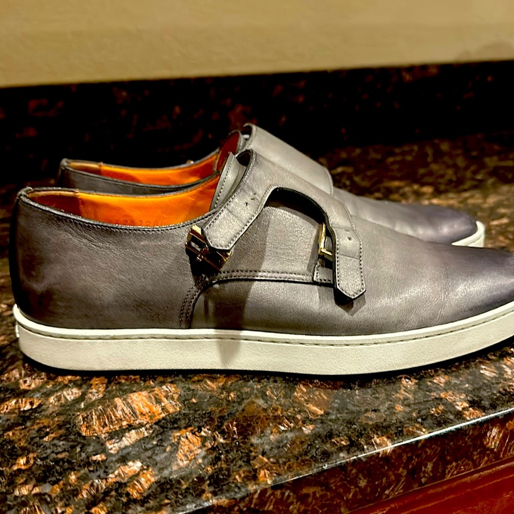 Santoni double buckle men gray, leather shoes.